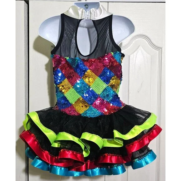 Girls Sequin Harlequin Dance Costume Ruffle Tutu Sequin Bowtie Broadway Star ISC - Picture 6 of 11